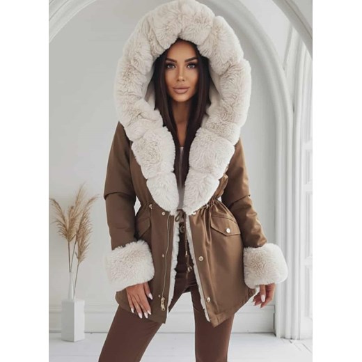 parka kurtka zimowa alaska z futrzanym kołnierzem i kapturem - brązowa z beżowym futrem ze sklepu STYLOWO w kategorii Kurtki damskie - zdjęcie 187684627