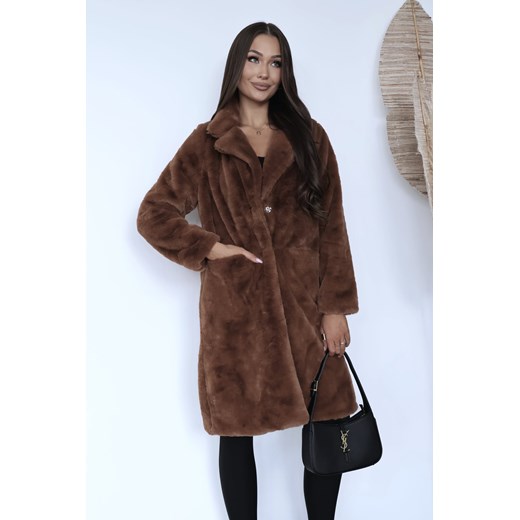 długi ciepły płaszcz futerko sztokholm z imitacji futra - brązowe czekoladowe ze sklepu STYLOWO w kategorii Futra damskie - zdjęcie 187684629