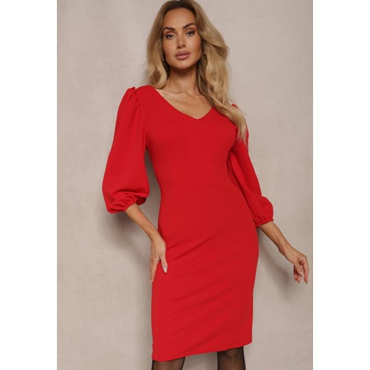 Czerwona Sukienka o Dopasowanym Kroju z Lekko Bufiastymi Rękawami Zinnashira ze sklepu renee.pl w kategorii Sukienki - zdjęcie 187684659