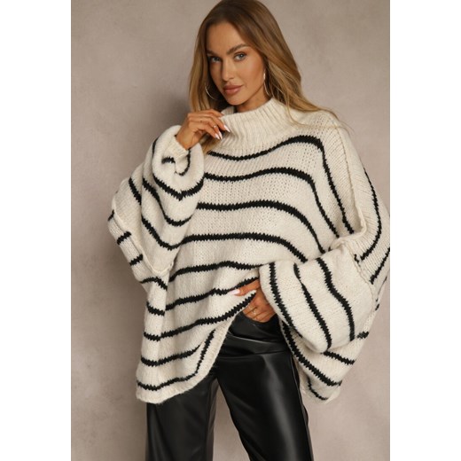 Beżowy Oversizowy Golf w Paski z Dodatkiem Wełny i Wiskozy Nezella ze sklepu renee.pl w kategorii Swetry damskie - zdjęcie 187686378