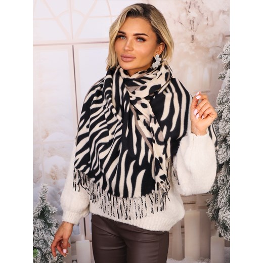 SZAL DZIANINOWY W ZWIERZĘCE WZORY Z FRĘDZLAMI - BEŻOWY ze sklepu olika.com.pl w kategorii Szaliki i chusty damskie - zdjęcie 187690088