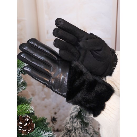 RĘKAWICZKI OCIEPLANE Z EKOSKÓRY I ZAMSZU Z FUTERKIEM- CZARNE ze sklepu olika.com.pl w kategorii Rękawiczki damskie - zdjęcie 187690095