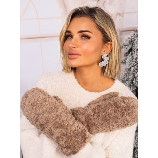 RĘKAWICZKI FUTRZANE NA JEDEN PALEC Z LOGIEM- BRĄZOWE ze sklepu olika.com.pl w kategorii Rękawiczki damskie - zdjęcie 187690116