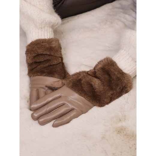 RĘKAWICZKI OCIEPLANE Z EKOSKÓRY I ZAMSZU Z FUTERKIEM- BRĄZOWE ze sklepu olika.com.pl w kategorii Rękawiczki damskie - zdjęcie 187690128