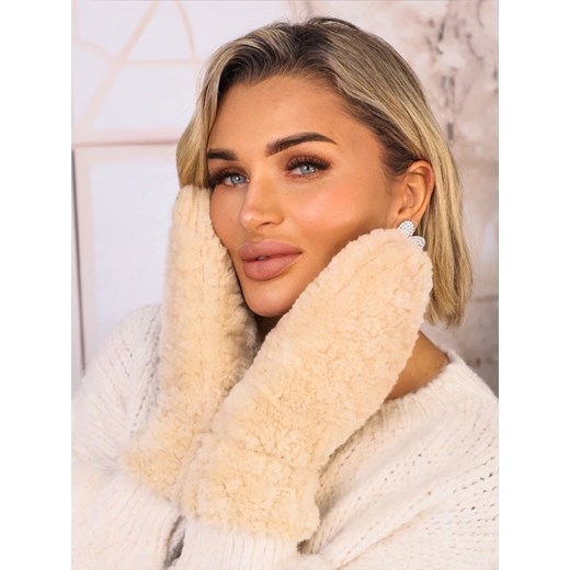 RĘKAWICZKI FUTRZANE NA JEDEN PALEC Z LOGIEM- BEŻOWE ze sklepu olika.com.pl w kategorii Rękawiczki damskie - zdjęcie 187690156