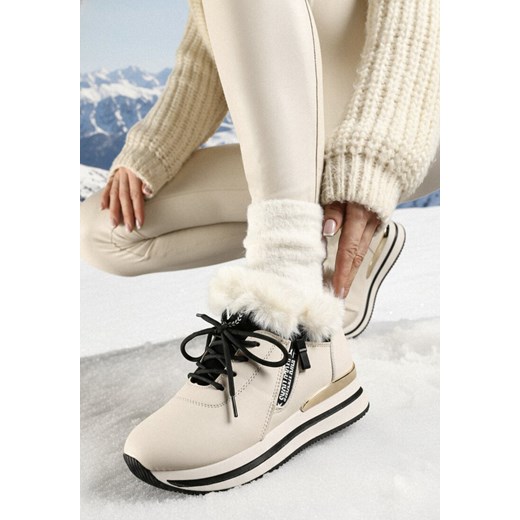 Beżowe Botki Sneakersy na Grubej Podeszwie z Futerkiem Biqilee ze sklepu born2be.pl w kategorii Buty sportowe damskie - zdjęcie 187696535
