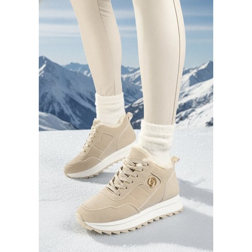Beżowe Sneakersy na Platformie z Futerkiem Egiapia ze sklepu born2be.pl w kategorii Buty sportowe damskie - zdjęcie 187696538