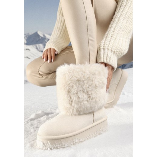 Beżowe Krótkie Śniegowce na Platformie z Futerkiem Naontia ze sklepu born2be.pl w kategorii Śniegowce damskie - zdjęcie 187696549