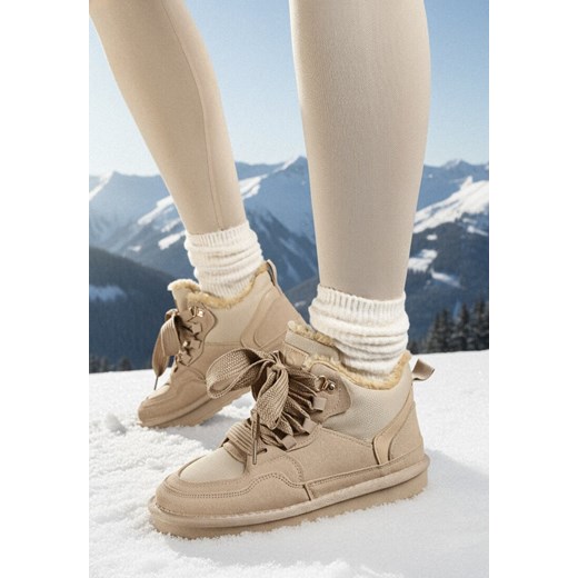 Ciemnobeżowe Sneakersy Vices w Stylu Śniegowców Ocieplane z Szerokim Sznurowaniem Rennith ze sklepu born2be.pl w kategorii Buty sportowe damskie - zdjęcie 187696589
