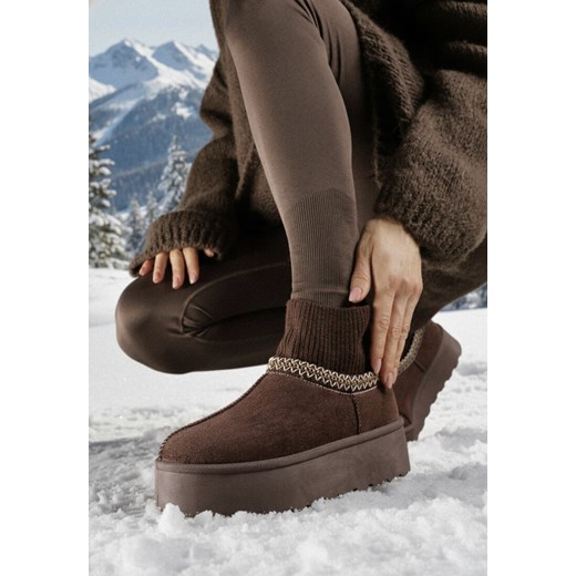 Brązowe Śniegowce VICES na Grubej Podeszwie z Haftem i Skarpetkową Cholewką Enantia ze sklepu born2be.pl w kategorii Śniegowce damskie - zdjęcie 187696596