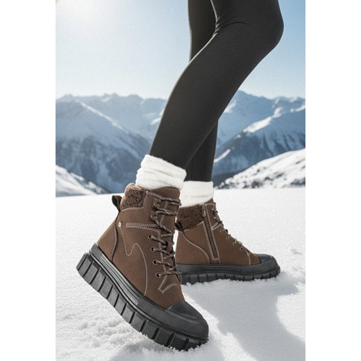 Brązowe Botki Typu Trapery Vices na Grubej Tłoczonej Podeszwie Anerrive ze sklepu born2be.pl w kategorii Botki - zdjęcie 187696606