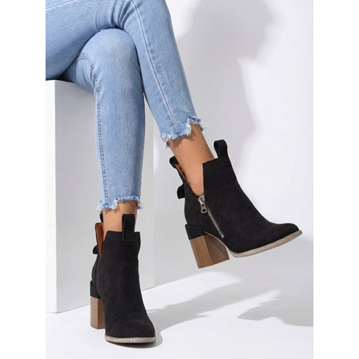 Royalfashion Czarne damskie botki na kwadratowym słupku Darera ze sklepu royalfashion.pl w kategorii Botki - zdjęcie 187698887