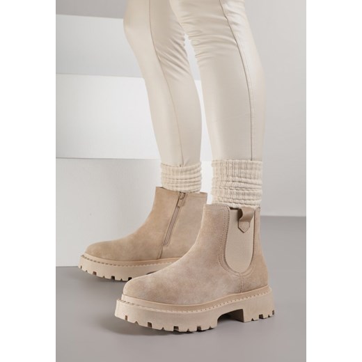 Beżowe Botki Sztyblety na Platformie z Elastyczną Wstawką Isilinda ze sklepu born2be.pl w kategorii Workery damskie - zdjęcie 187699229
