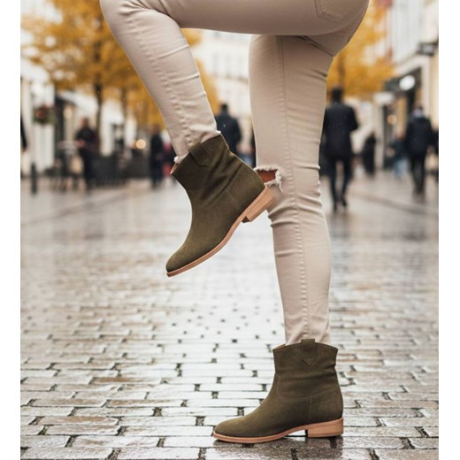 Botki damskie Lekko ocieplone Khaki /G6-2+H2 16899 T184/ ze sklepu Pantofelek24.pl w kategorii Botki - zdjęcie 187699557