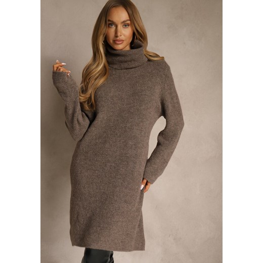 Jasnobrązowa Sweterkowa Sukienka Golf z Wełną i Wiskozą Fedorina ze sklepu renee.pl w kategorii Sukienki - zdjęcie 187700015