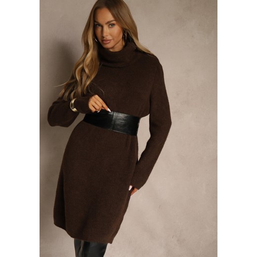 Brązowa Sweterkowa Sukienka Golf z Wełną i Wiskozą Fedorina ze sklepu renee.pl w kategorii Sukienki - zdjęcie 187700025