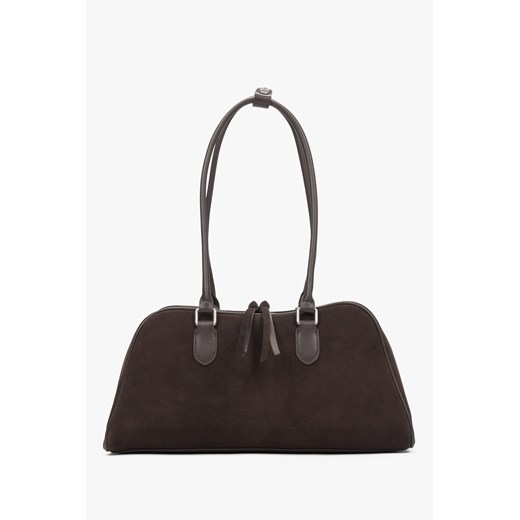 Estro: Ciemnobrązowa torebka damska z długimi ramionami z weluru naturalnego ze sklepu Estro w kategorii Torebki bagietki - zdjęcie 187745678