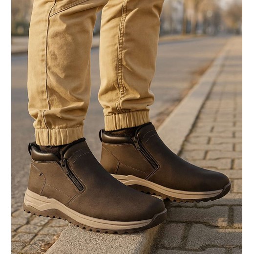 Brązowe botki męskie zimowe półbuty /E2-1 18595 T499/ ze sklepu Pantofelek24.pl w kategorii Buty trekkingowe męskie - zdjęcie 187766118