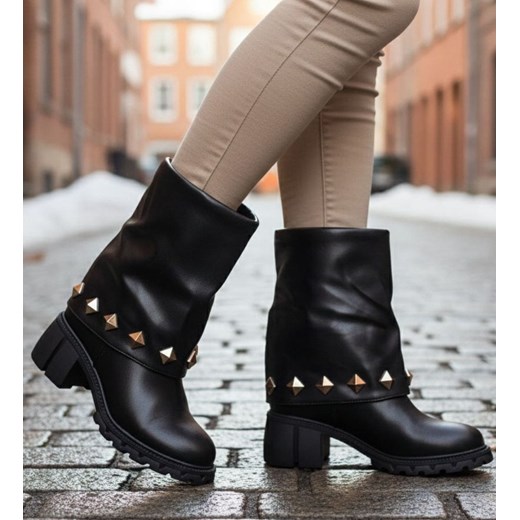 Czarne wysokie botki damskie na klocku /J6-4 18598 T177/ ze sklepu Pantofelek24.pl w kategorii Botki - zdjęcie 187766278