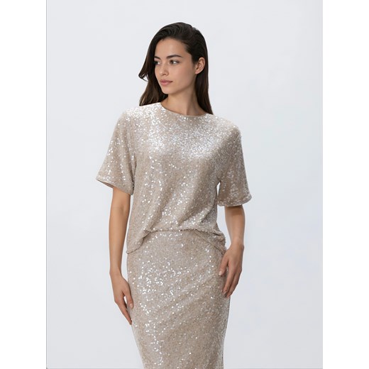 Reserved - Cekinowy t-shirt boxy - kremowy ze sklepu Reserved w kategorii Bluzki damskie - zdjęcie 187766876