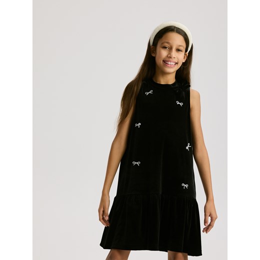 Reserved - Welurowa sukienka w kokardki - czarny ze sklepu Reserved w kategorii Sukienki dziewczęce - zdjęcie 187766885