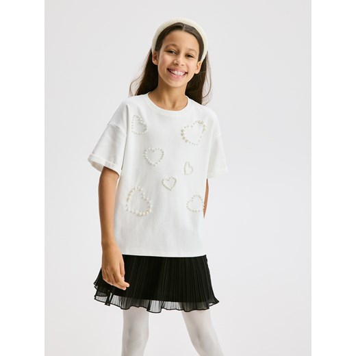 Reserved - T-shirt z perełkami - złamana biel ze sklepu Reserved w kategorii Bluzki dziewczęce - zdjęcie 187773175