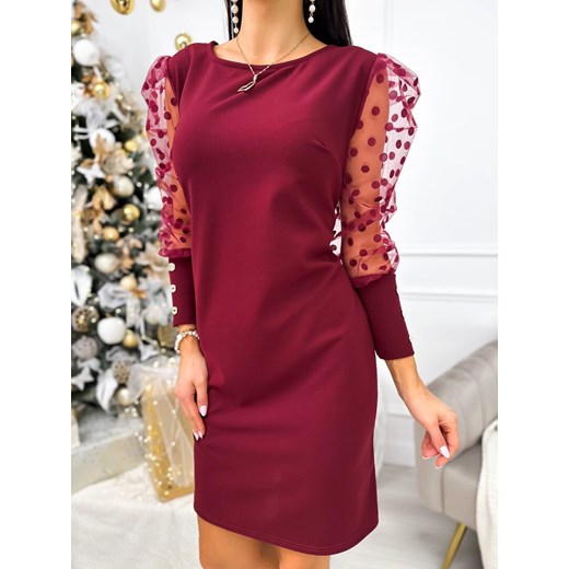 Bordowa Sukienka z Ozdobnym Rękawem ze sklepu ModnaKiecka.pl w kategorii Sukienki - zdjęcie 187795718