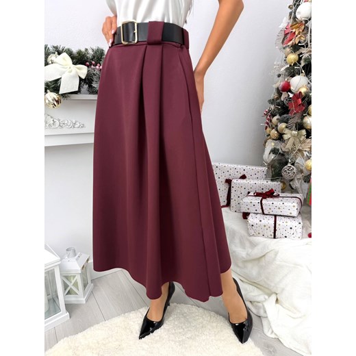 Bordowa Rozkloszowana Spódnica Midi z Paskiem ze sklepu ModnaKiecka.pl w kategorii Spódnice - zdjęcie 187795749