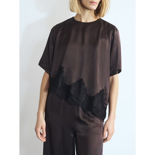 Reserved - Asymetryczny top z koronką - ciemnobrązowy ze sklepu Reserved w kategorii Bluzki damskie - zdjęcie 187797627