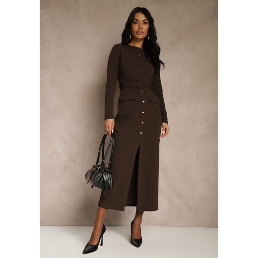 Brązowa Koszulowa Sukienka z Wiskozą Ozdobiona Paskiem i Guzikami Vetionna ze sklepu renee.pl w kategorii Sukienki - zdjęcie 187798789