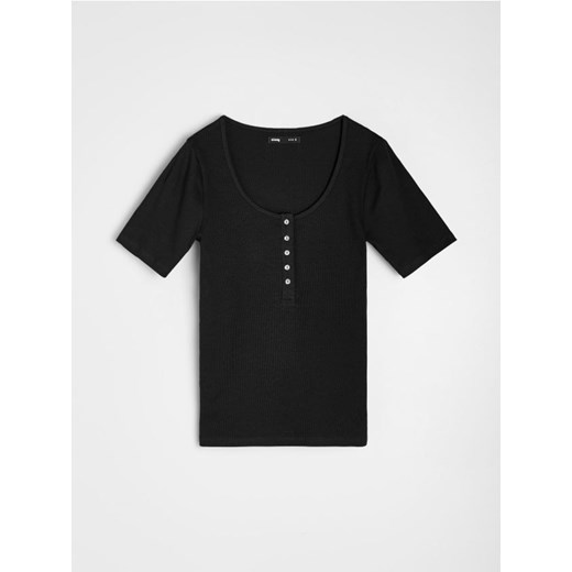 Sinsay - Prążkowana koszulka z guzikami - czarny ze sklepu Sinsay w kategorii Bluzki damskie - zdjęcie 187802878