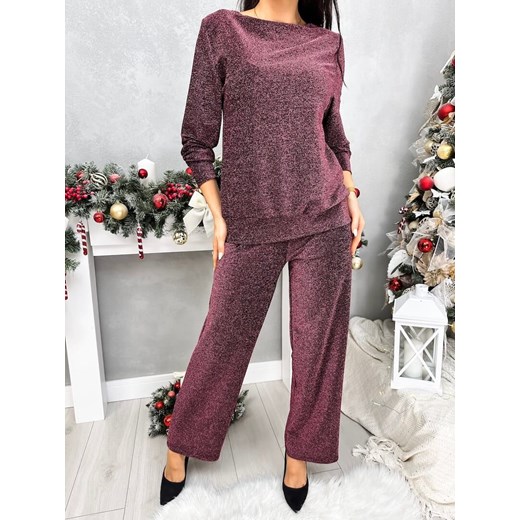 Bordowy Połyskujący Komplet Bluzka + Spodnie ze sklepu ModnaKiecka.pl w kategorii Komplety i garnitury damskie - zdjęcie 187817538