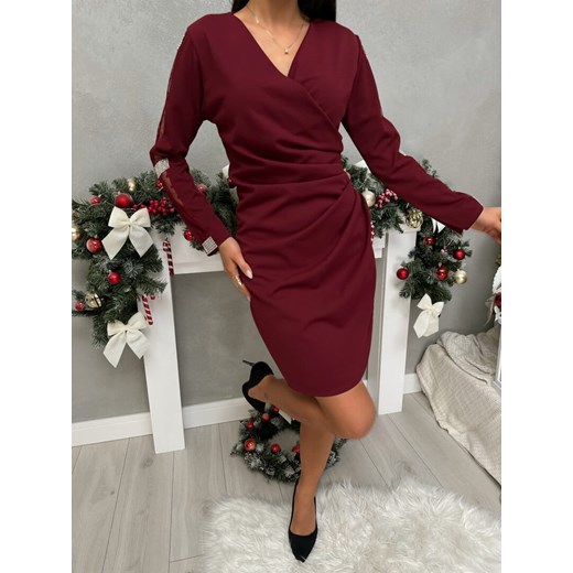 Bordowa Sukienka z Kopertowym Dekoltem i Marszczeniem ze sklepu ModnaKiecka.pl w kategorii Sukienki - zdjęcie 187817556