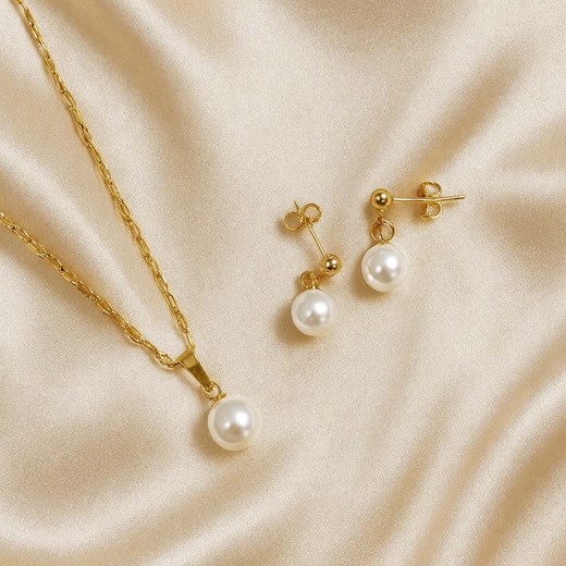 Komplet damski złoty perły kolczyki wkrętki i naszyjnik stal chirurgiczna ze sklepu otien.com w kategorii Komplety biżuterii - zdjęcie 187824286