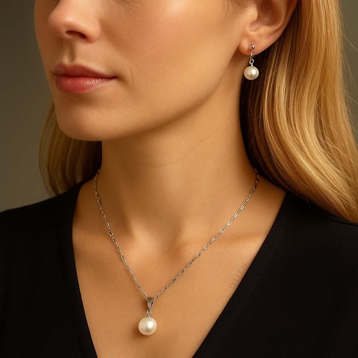 Komplet damski srebrny perły kolczyki i naszyjnik stal chirurgiczna ze sklepu otien.com w kategorii Komplety biżuterii - zdjęcie 187824287