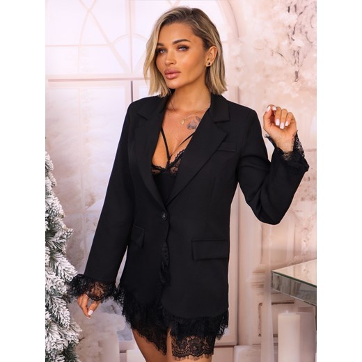 MARYNARKA Z CZARNYMI KORONKOWYMI WSTAWKAMI- CZARNA ze sklepu olika.com.pl w kategorii Marynarki damskie - zdjęcie 187824405