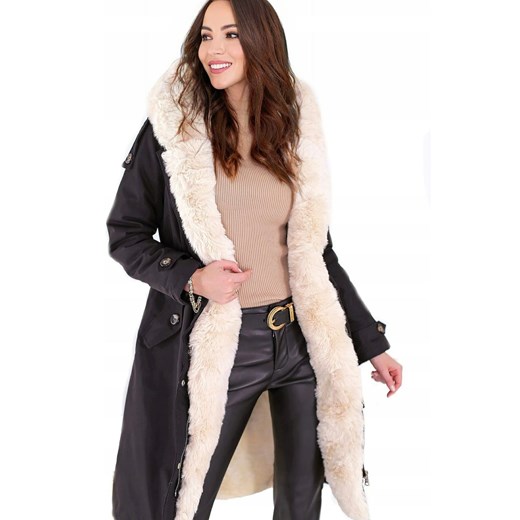 długa parka kurtka zimowa z futrzanym kołnierzem i kapturem - czarna z beżowym futrem ze sklepu STYLOWO w kategorii Parki damskie - zdjęcie 187824548
