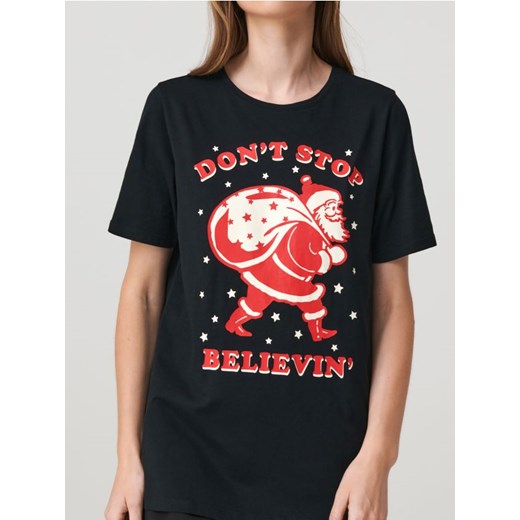 Sinsay - Bawełniana koszulka z nadrukiem świątecznym - czarny ze sklepu Sinsay w kategorii Bluzki damskie - zdjęcie 187825185