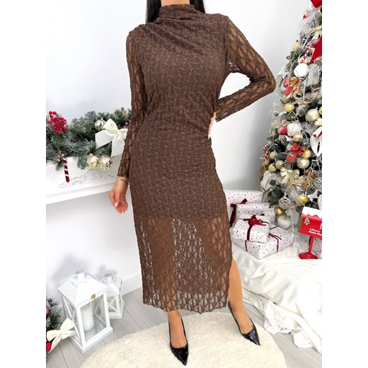 Czekoladowa Koronkowa Sukienka ze Stójką ze sklepu ModnaKiecka.pl w kategorii Sukienki - zdjęcie 187847226