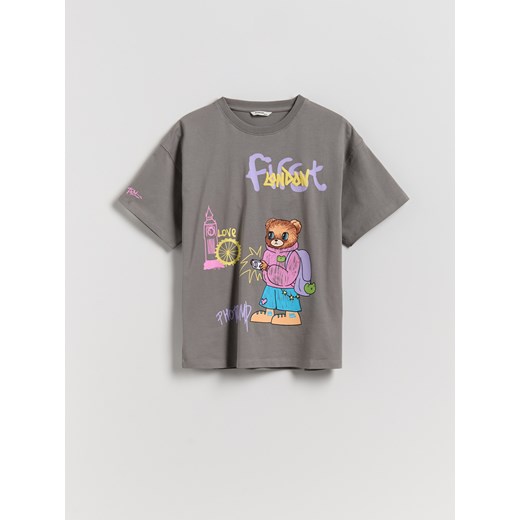 Reserved - Bawełniany t-shirt z nadrukiem - ciemnoszary ze sklepu Reserved w kategorii Bluzki dziewczęce - zdjęcie 187849377