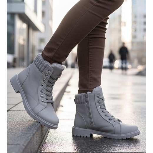 Zimowe szare botki trapery z futerkiem /A4-2 18613 T319/ ze sklepu Pantofelek24.pl w kategorii Workery damskie - zdjęcie 187853945