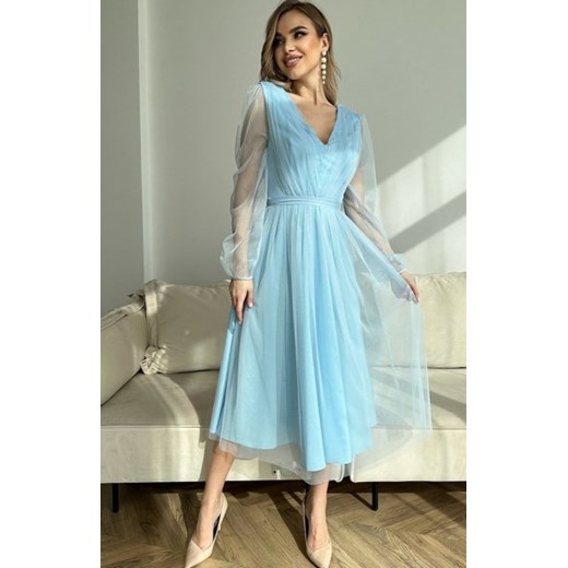 Bicotone 269-81 błękitna sukienka midi z tiulowymi rękawami ze sklepu intimiti.pl w kategorii Sukienki - zdjęcie 187860237