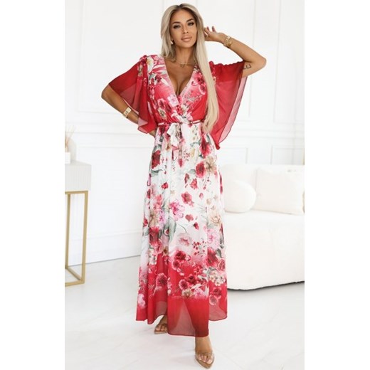 Numoco 603-1 zwiewna maxi sukienka z kopertowym dekoltem i kwiecistym wzorem ze sklepu intimiti.pl w kategorii Sukienki - zdjęcie 187861157