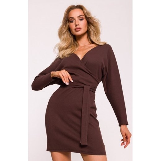 Moe prążkowana sukienka z paskiem brązowa M819 ze sklepu intimiti.pl w kategorii Sukienki - zdjęcie 187863929