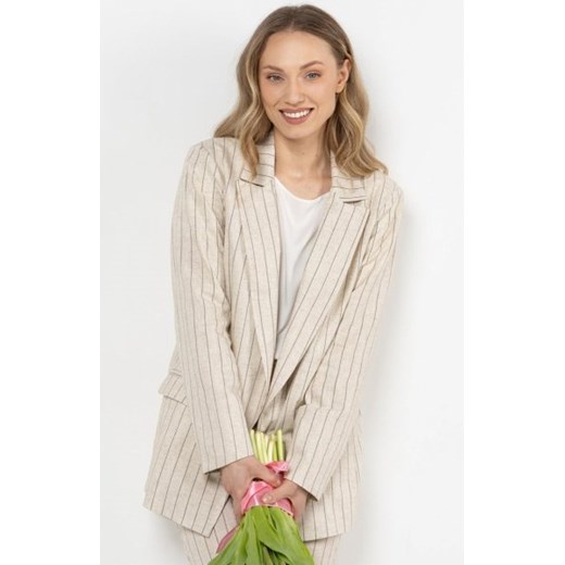 Awama A728 lniana marynarka w prążek mocca ze sklepu intimiti.pl w kategorii Marynarki damskie - zdjęcie 187864599