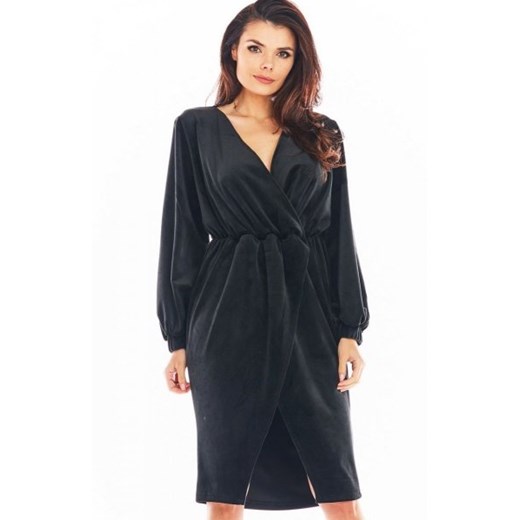 Welurowa sukienka kopertowa midi czarna A406 ze sklepu intimiti.pl w kategorii Sukienki - zdjęcie 187864847