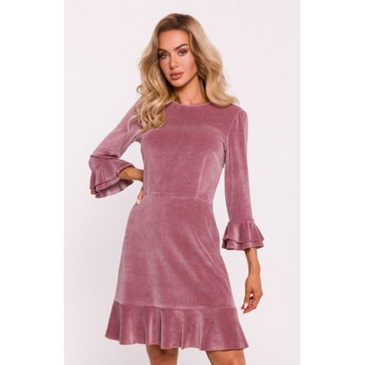 Moe welurowa sukienka z falbankami brudny róż M825 ze sklepu intimiti.pl w kategorii Sukienki - zdjęcie 187865086