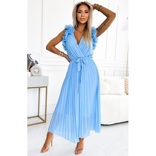 Numoco 549-2 MIRABELLA plisowana szyfonowa sukienka midi z dekoltem i finezyjnymi falbankami ze sklepu intimiti.pl w kategorii Sukienki - zdjęcie 187866716