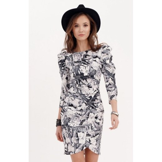 Ołówkowa sukienka z bufkami gazetowy wzór 0279 ze sklepu intimiti.pl w kategorii Sukienki - zdjęcie 187867058