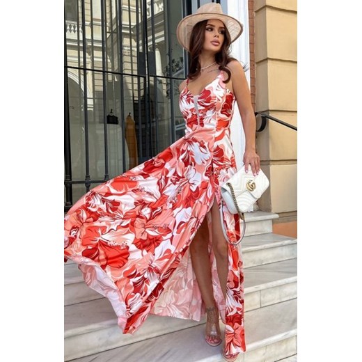 Bicotone 259-09 satynowa długa sukienka w kwiaty ze sklepu intimiti.pl w kategorii Sukienki - zdjęcie 187867469